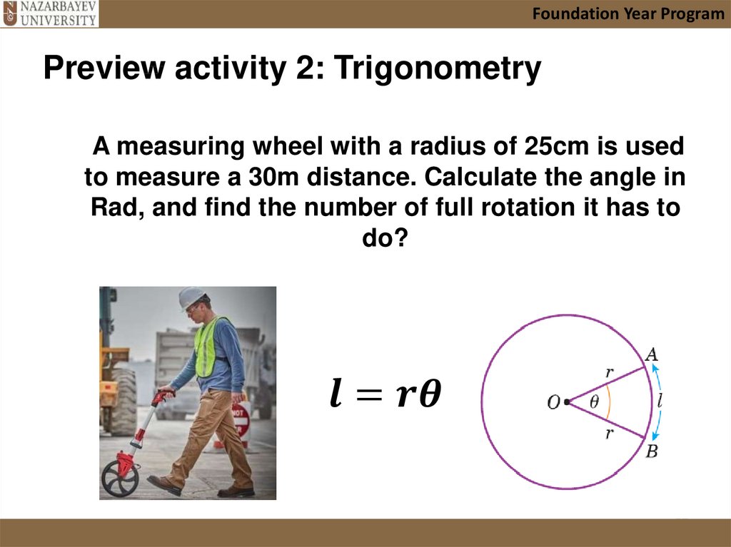 A measuring wheel with a radius of 25cm is used to measure a 30m distance. Calculate the angle in Rad, and find the number of