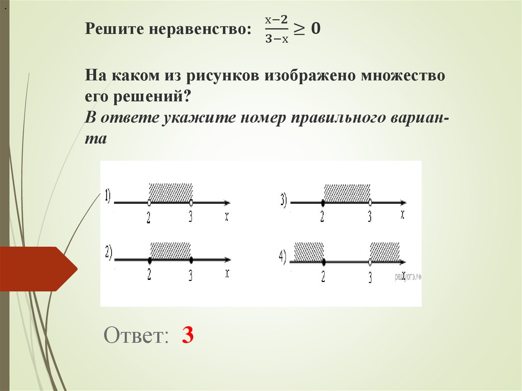 Ре­ши­те не­ра­вен­ство: (х-2)/(3-х) ≥0   На каком из ри­сун­ков изоб­ра­же­но мно­же­ство его ре­ше­ний? В от­ве­те ука­жи­те
