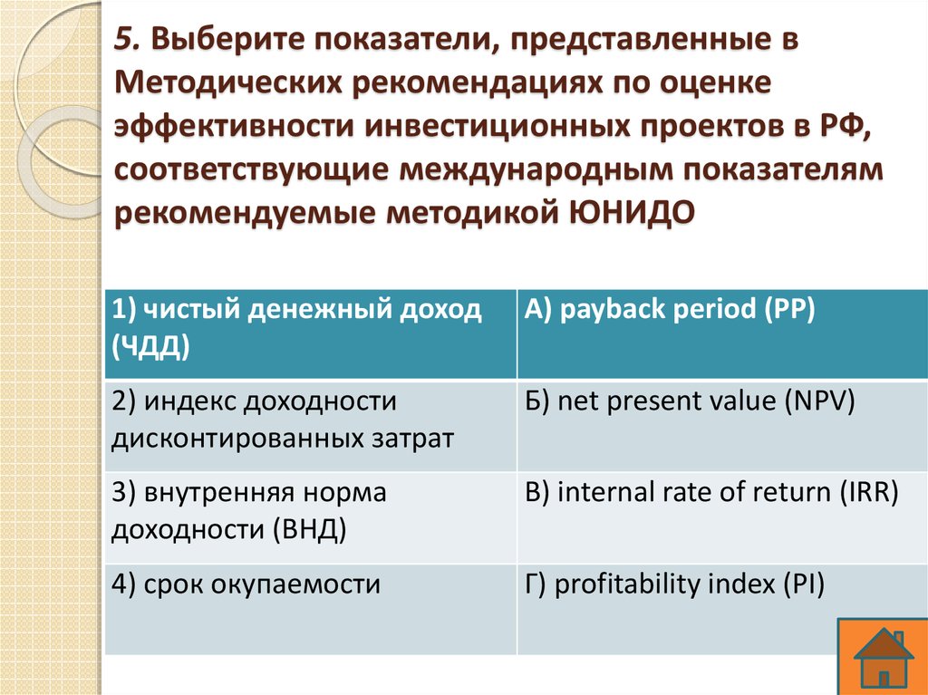 5. Выберите показатели, представленные в Методических рекомендациях по оценке эффективности инвестиционных проектов в РФ,