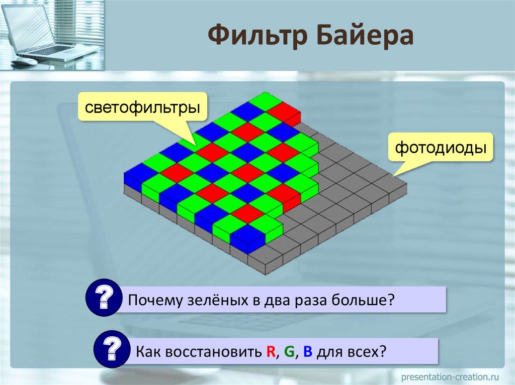 Фильтр байера в матрице цифрового фотоаппарата какие цвета содержит