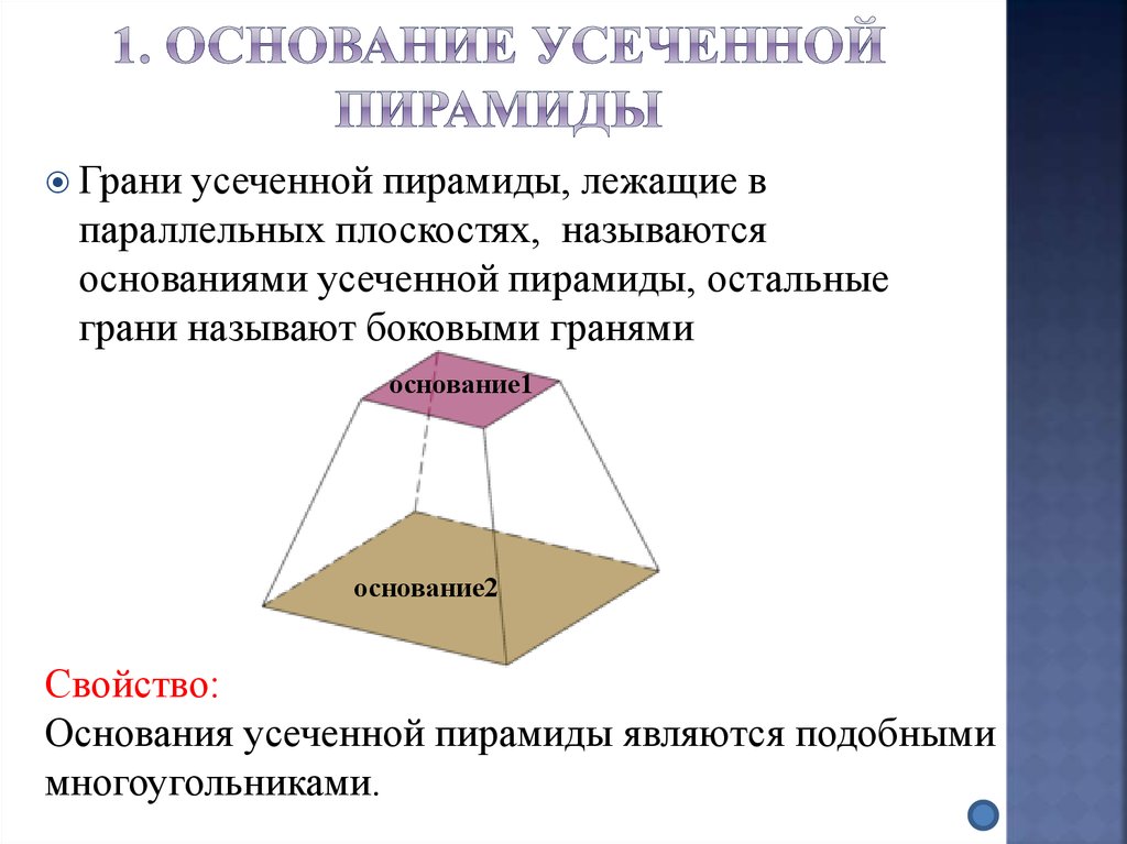 Многоугольники в основании усеченной пирамиды. Что представляет собой боковая грань усеченной пирамиды. Основания усечённой пирамиды.