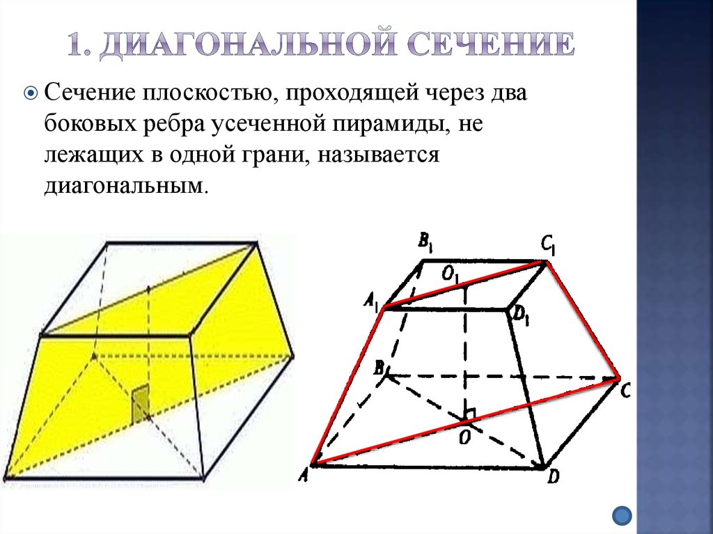 Усечённая пирамида сечения. Правильная усеченная четырехугольная пирамида диагональное сечение. Усеченная пирамида диагонали основания.