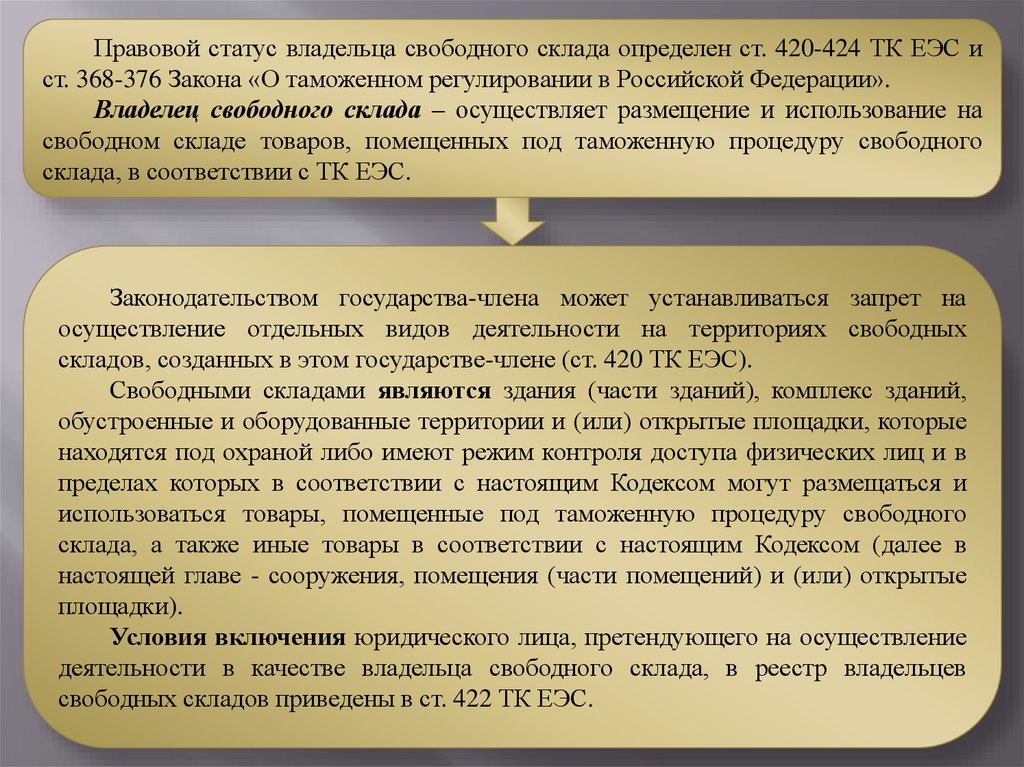 Таможенный статус. Правовое положение таможенного представителя. Правовое положение владельца свободного склада.. Правовой статус товаров помещенных под таможенную процедуру. Условия приобретения статуса таможенного представителя.