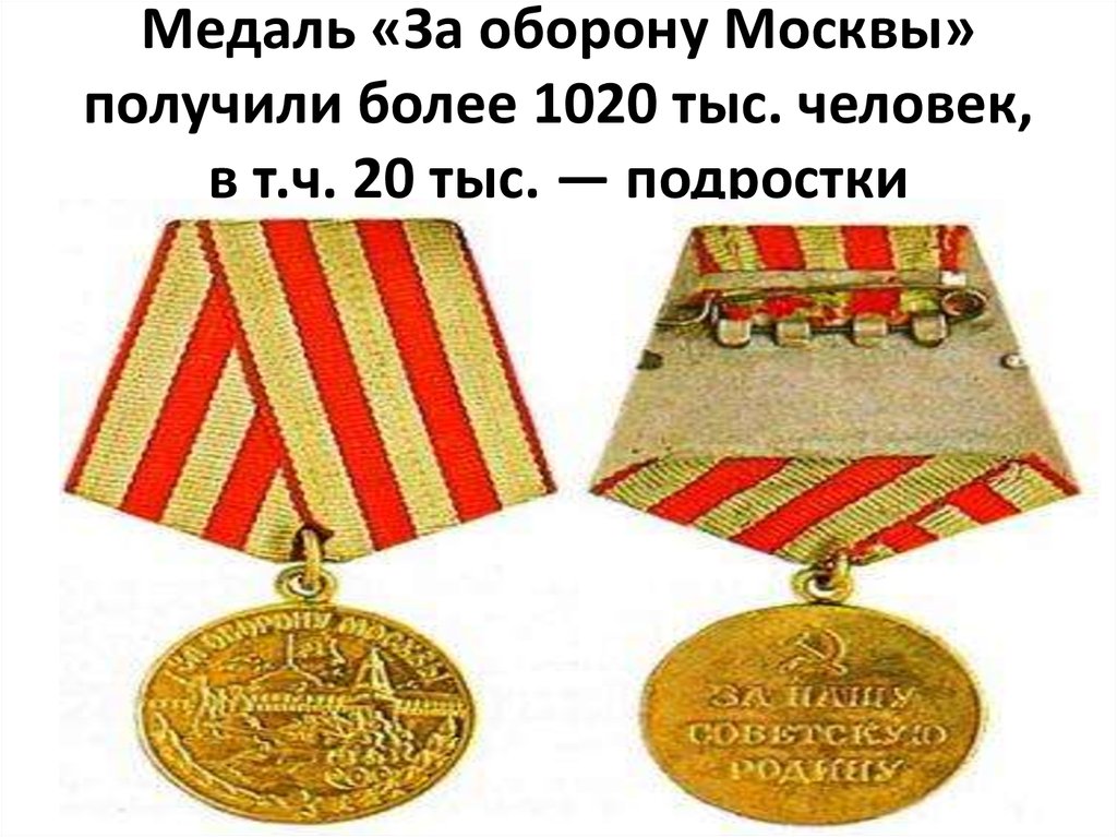 Медаль «За оборону Москвы» получили более 1020 тыс. человек, в т.ч. 20 тыс. — подростки