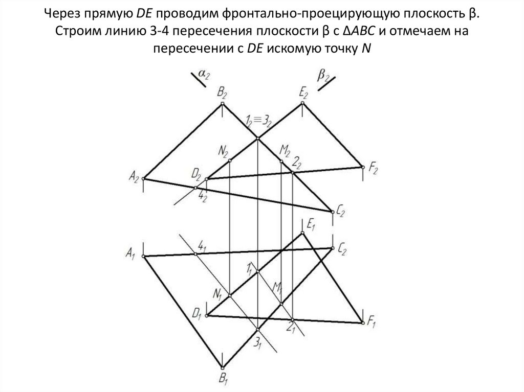 Линия пересечения двух плоскостей. Линию пересечения плоскостей a1mc1. Пересечение двух треугольников Начертательная геометрия. Проекции линии пересечения двух плоскостей.