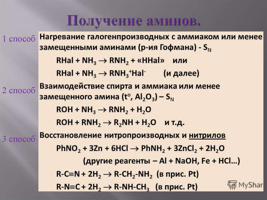 Из предложенного перечня выберите схемы двух реакций в результате которых образуется метиламин