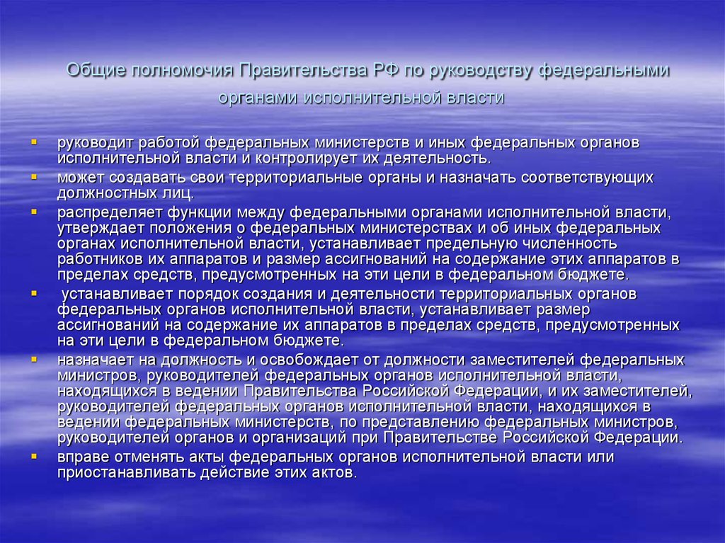 Общие полномочия Правительства РФ по руководству федеральными органами исполнительной власти