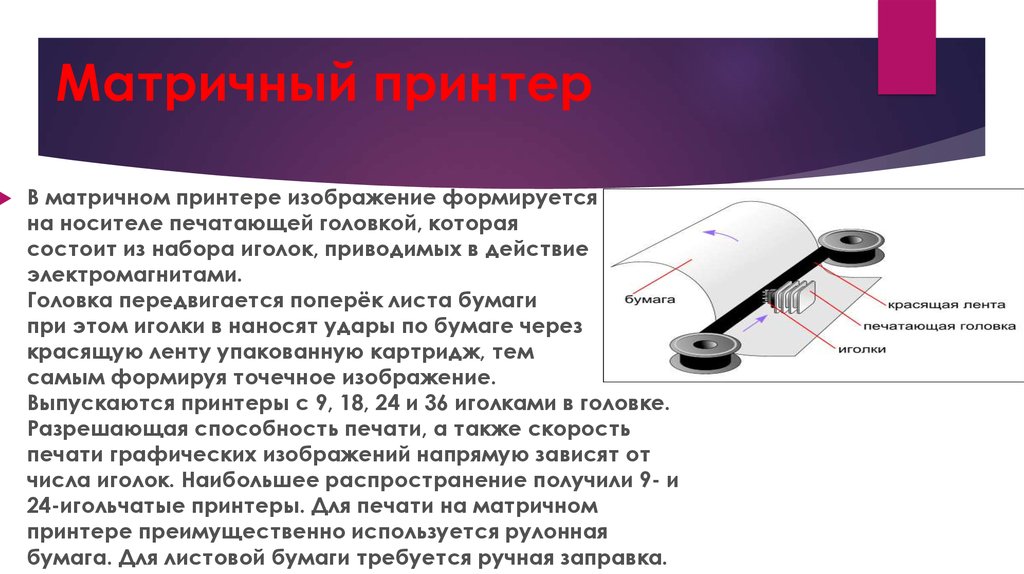 Тип принтеров при котором изображение создается путем механического давления на бумагу через ленту с