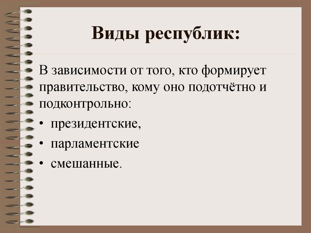 Виды республик. Характеристика страны. Виды республик кто формирует правительство. 2 Вида республик.