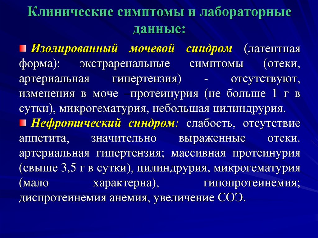 Цилиндрурия характерна. Лабораторные и клинические признаки. Клинические и лабораторные признаки воспаления. Абеталипопротеинемия. Экстраренальная протеинурия.