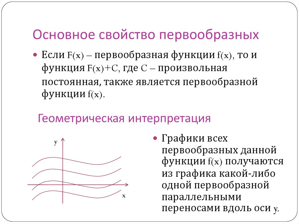 Найти график первообразной через точку. Основное свойство первообразной. Свойства первообразной. Свойства первообразной функции. Основное свойство первообразной функции.