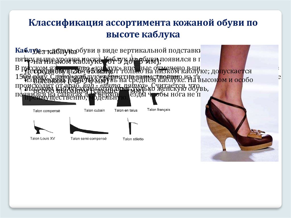 Виды каблуков женской обуви и их названия с фото