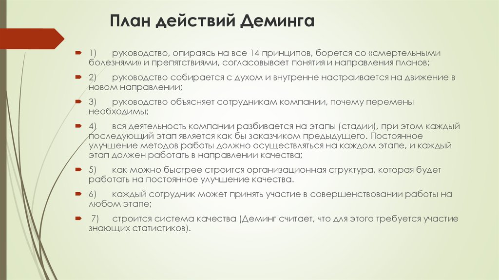 Планирование качество человека. Деминг план действий 7 шагов.