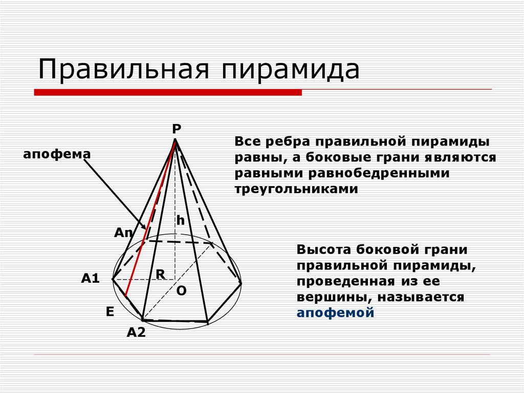 Пирамида ее основание боковые ребра высота. Апофема Призмы. Апофема грани пирамиды. Пирамида геометрия апофема. Fgjatvfпятиугольная пирамида.