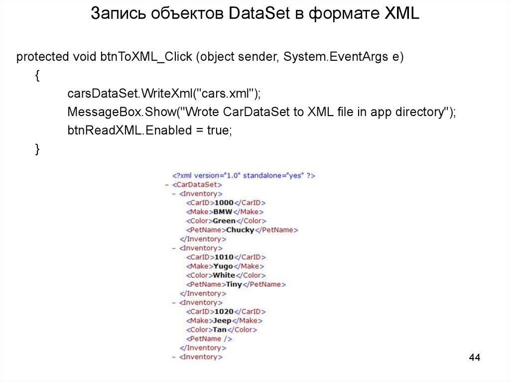 Запись объектов DataSet в формате XML