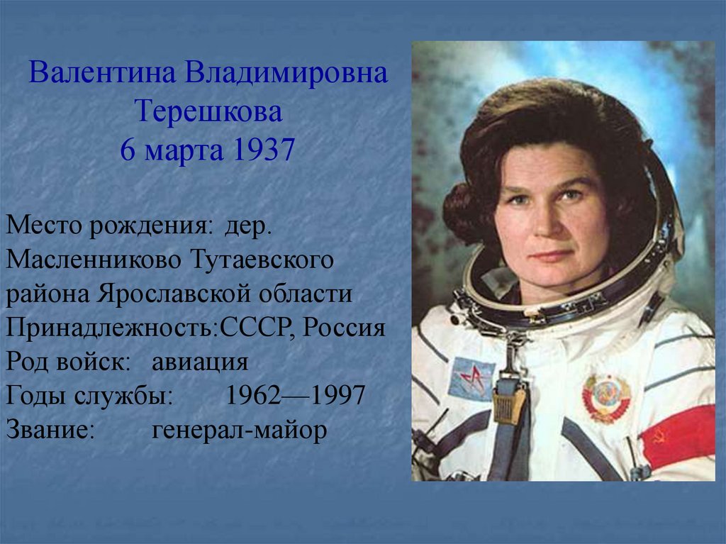 Первая женщина ссср в космосе. Российская женщина космонавт Терешкова.