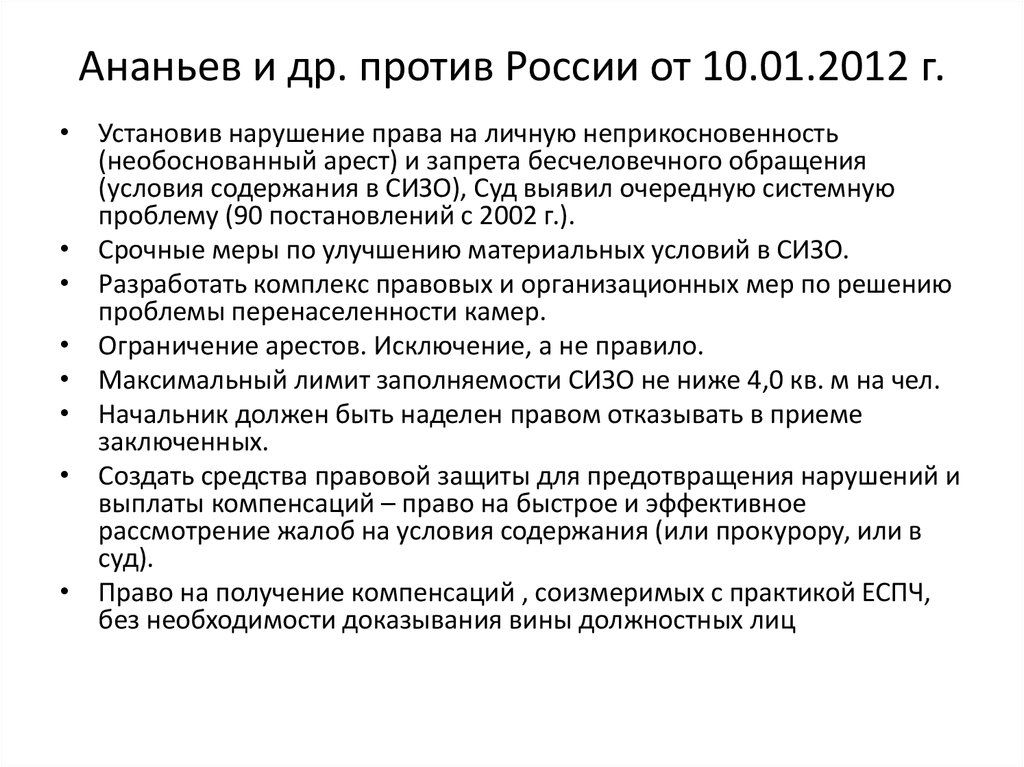 Ананьев и др. против России от 10.01.2012 г.