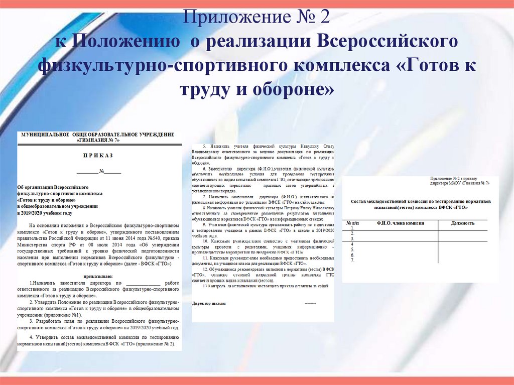Приложение № 2 к Положению о реализации Всероссийского физкультурно-спортивного комплекса «Готов к труду и обороне»