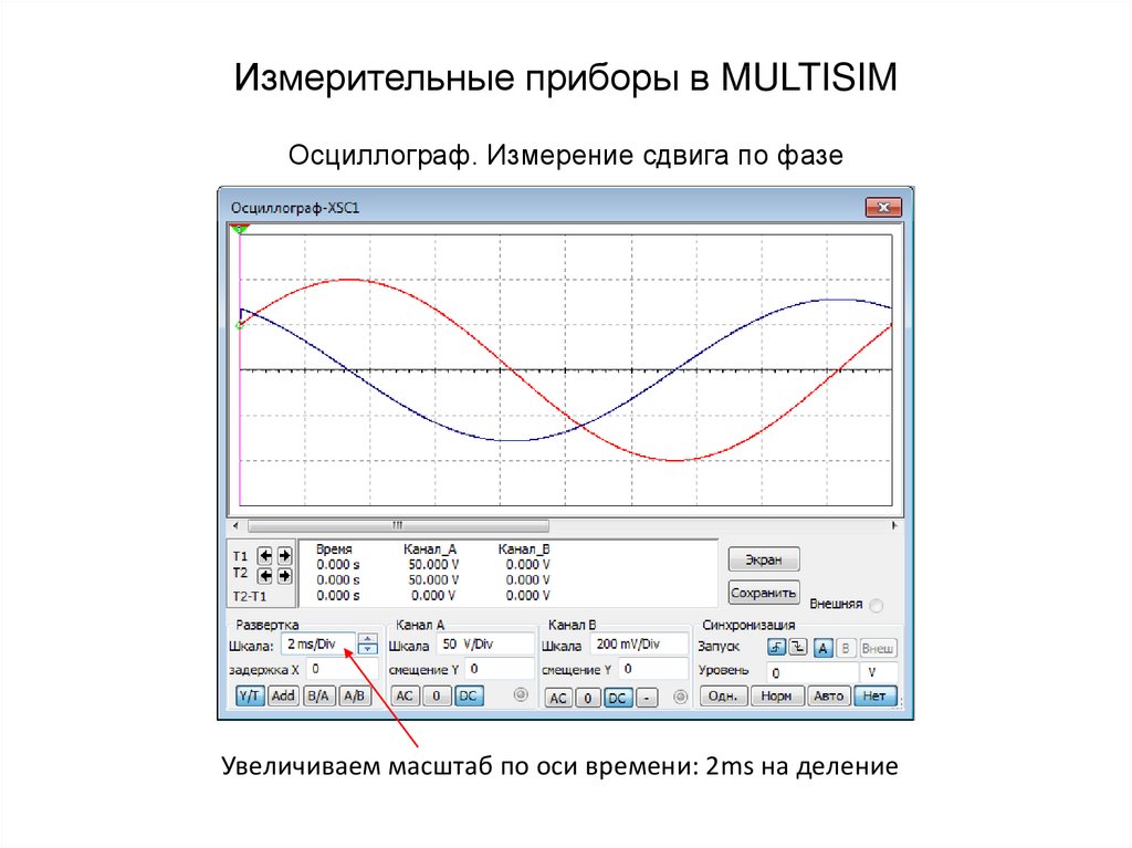Измерительные приборы в MULTISIM Осциллограф. Измерение сдвига по фазе