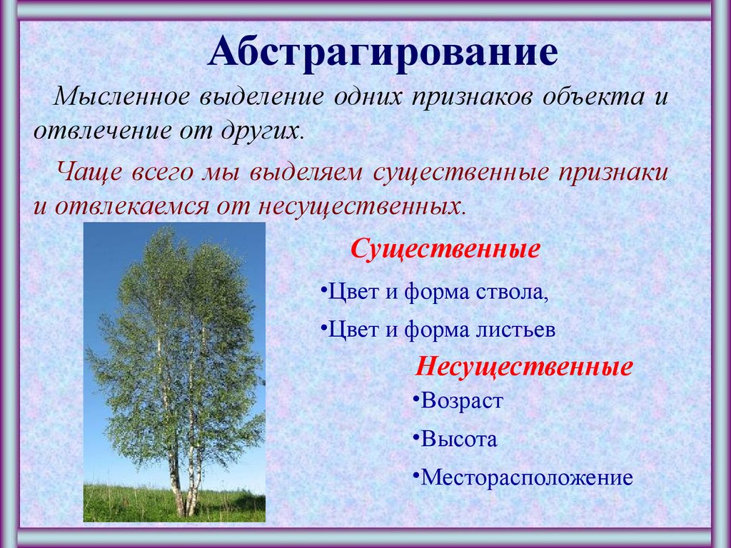 Выделение одних признаков и отвлечение от других. Абстрагирование пример. Абстрагирование это мысленное выделение. Существенные и несущественные признаки. Метод абстрагирования пример.