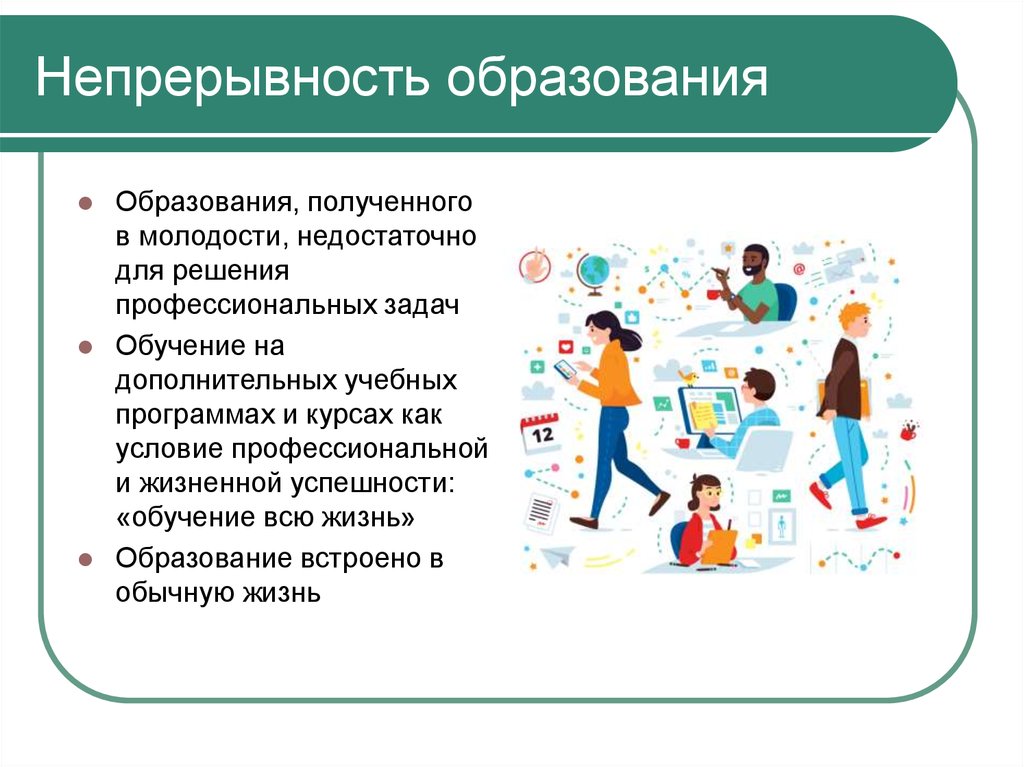 Образование на протяжении всей жизни человека. Дополнительное образование взрослых. Непрерывность образования. Непрерывность современного образования. Непрерывное образование взрослых.