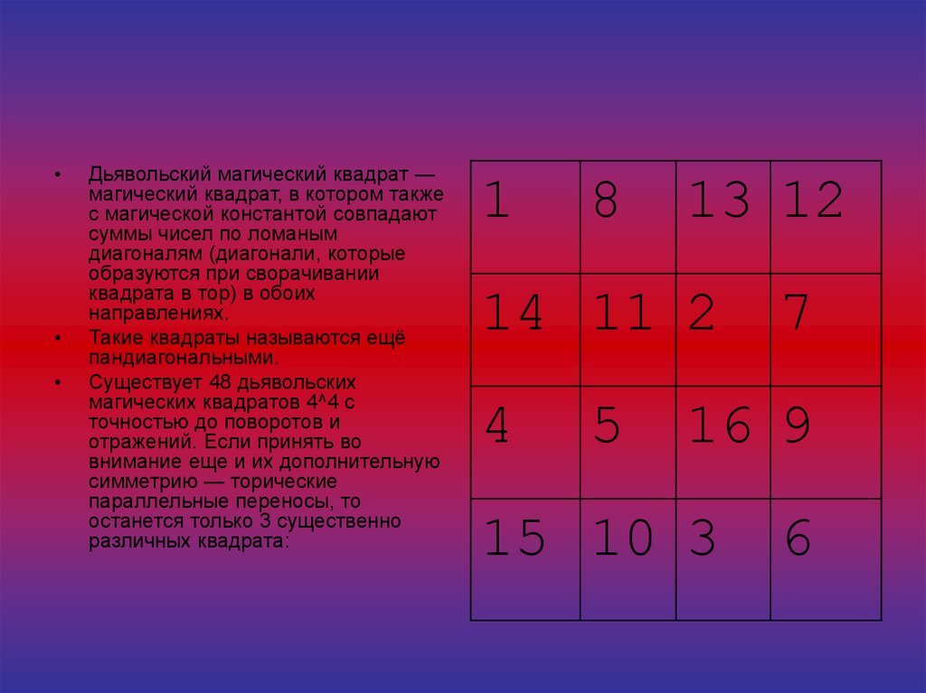 Квадрат данного натурального. Дьявольский магический квадрат. Магический квадрат 3 порядка. Пандиагональный магический квадрат. Симметричный магический квадрат.