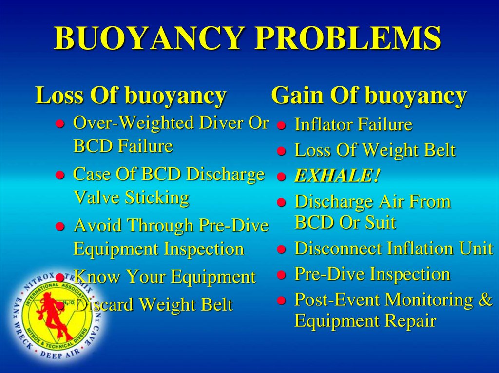 BUOYANCY PROBLEMS Loss Of buoyancy Gain Of buoyancy