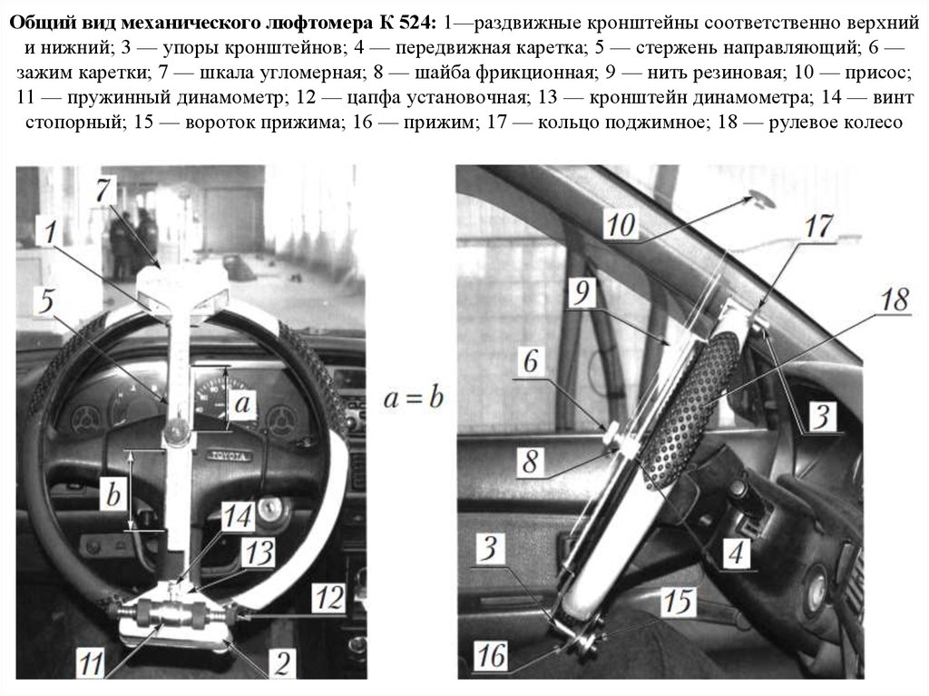 Общий вид механического люфтомера К 524: 1—раздвижные кронштейны соответственно верхний и нижний; 3 — упоры кронштейнов; 4 —