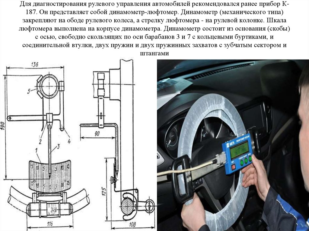Для диагностирования рулевого управления автомобилей рекомендовался ранее прибор К-187. Он представляет собой