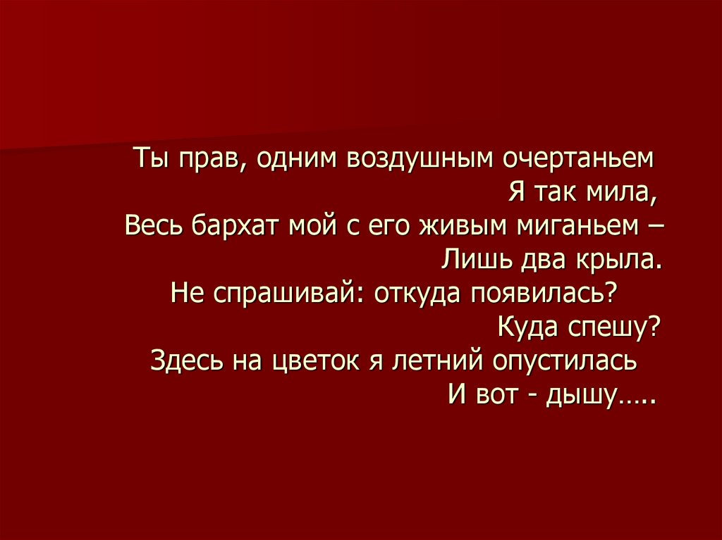 Лишь два. Ты права цитаты. Ты прав одним воздушным очертаньем. Ты прав. Одним воздушным очертаньем я так Мила.