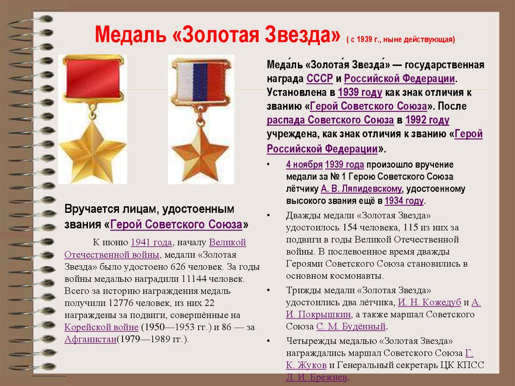 Медаль «Золотая Звезда» ( с 1939 г., ныне действующая)