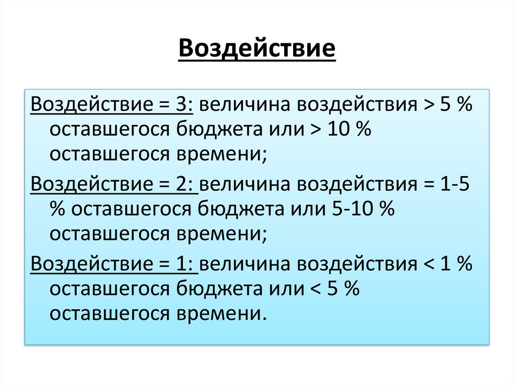 Величина влияния. • По величине воздействия.