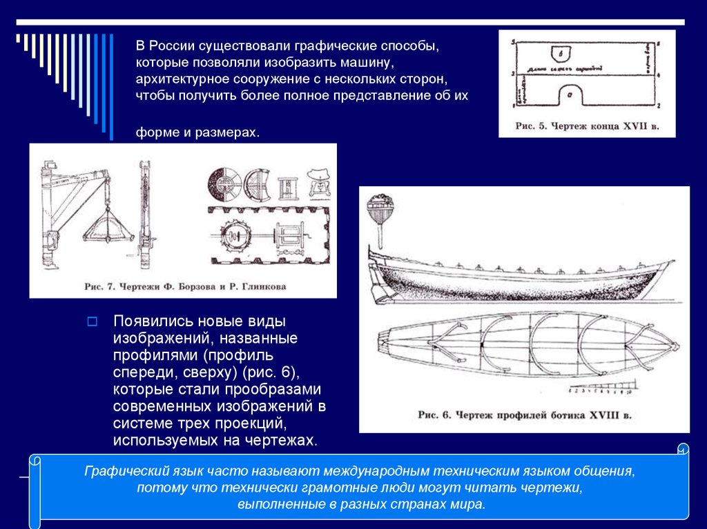 В России существовали графические способы, которые позволяли изобразить машину, архитектурное сооружение с нескольких сторон,