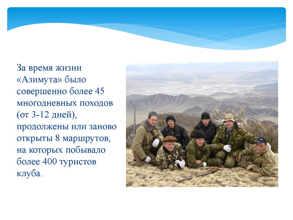 За время жизни «Азимута» было совершенно более 45 многодневных походов (от 3-12 дней), продолжены или заново открыты 8