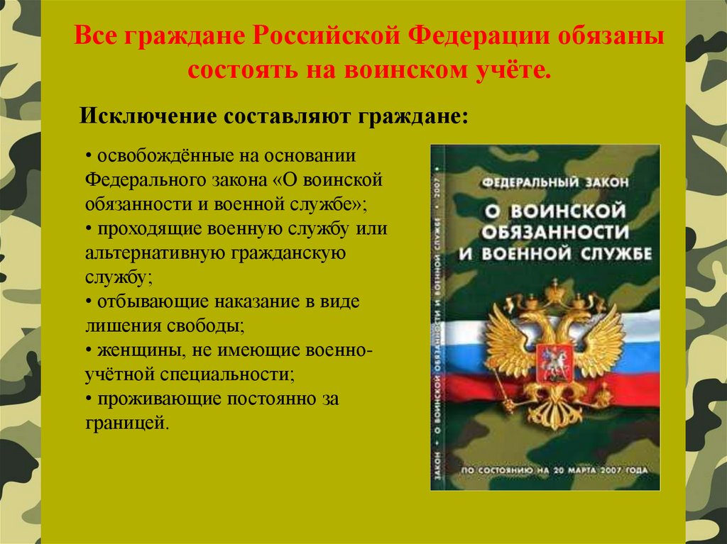 Все граждане Российской Федерации обязаны состоять на воинском учёте.