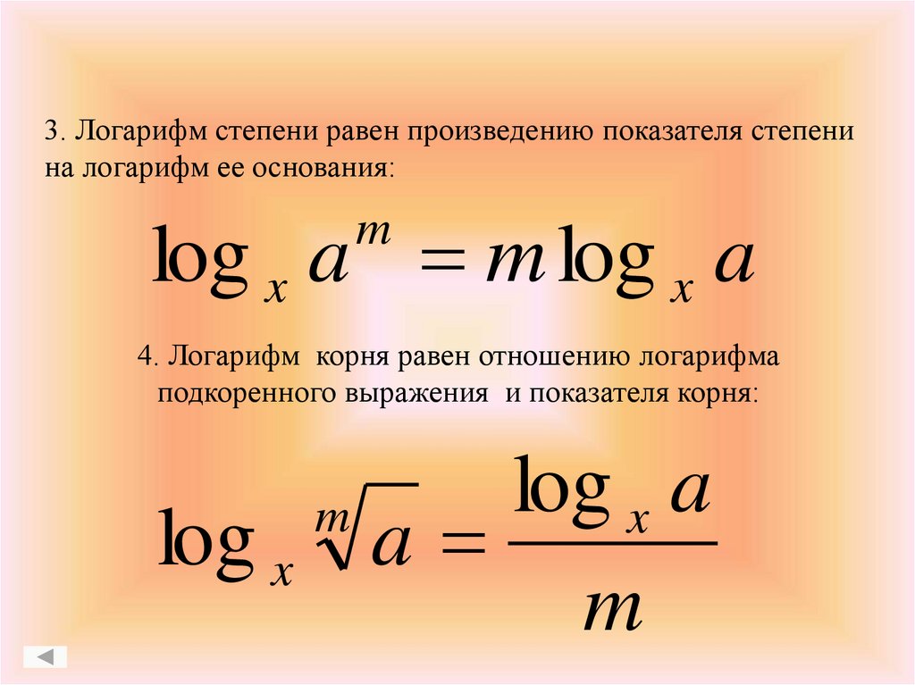 3. Логарифм степени равен произведению показателя степени на логарифм ее основания: