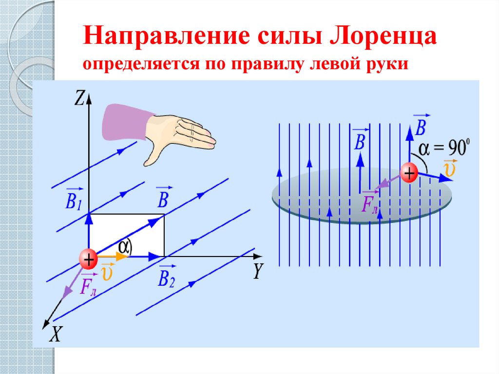 Направление силы Лоренца определяется по правилу левой руки