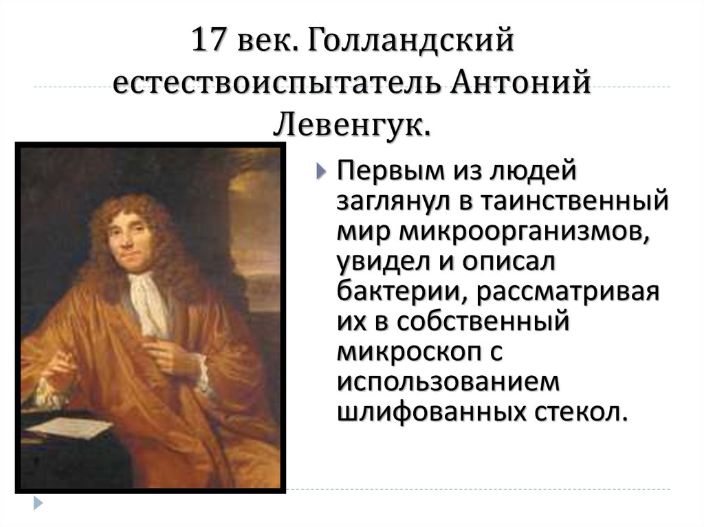 17 век. Голландский естествоиспытатель Антоний Левенгук.