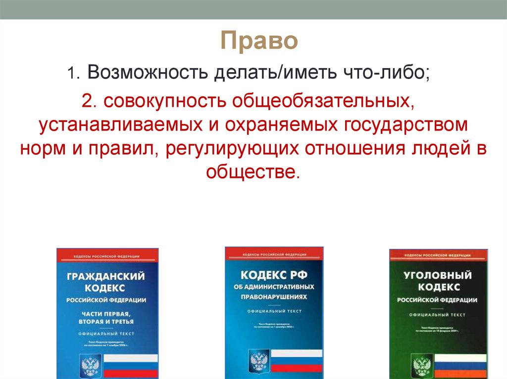 Либо 2. Совокупность общеобязательных правил охраняемых силой государства. Права это возможность что либо делать. Права это установленные и охраняемые государством нормы и правила. Общеобязательные нормы в части.