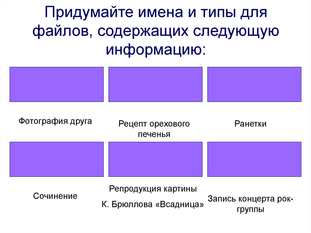 Содержать следующую информацию. Придумайте имена и типы для файлов содержащих. Придумайте и типы для файлов содержащие следующую информацию. Придумайте имена и названия файлов фотография друга. Придумайте имена и типы для файлов рецепт орехового печенья.