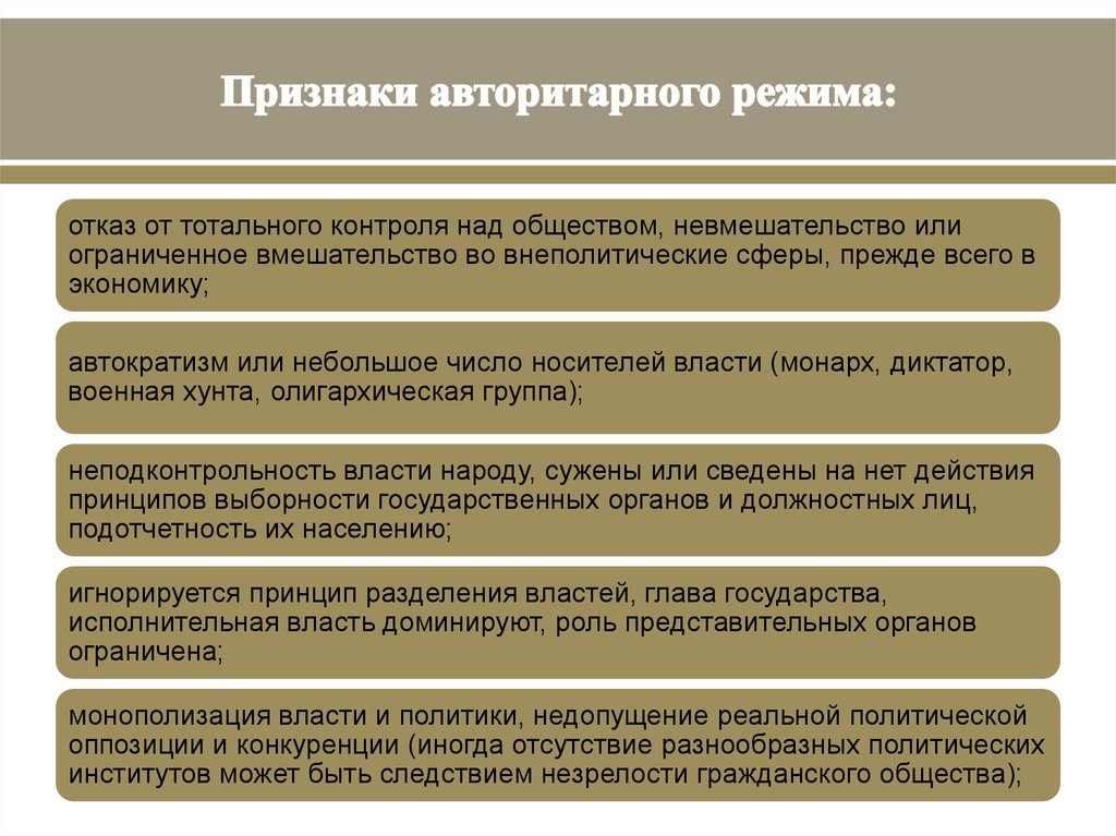 Авторитарная политическая власть. Признаки авторитарного режима. Признаки авторитарного политического режима. Основные принципы авторитарного режима. Признаки авторитарного государства.