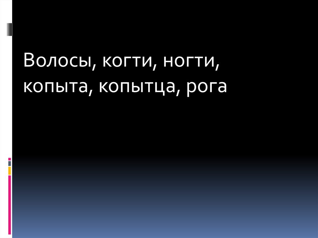 Назовите белок из которого состоят рога копыта когти перья и волосы животных