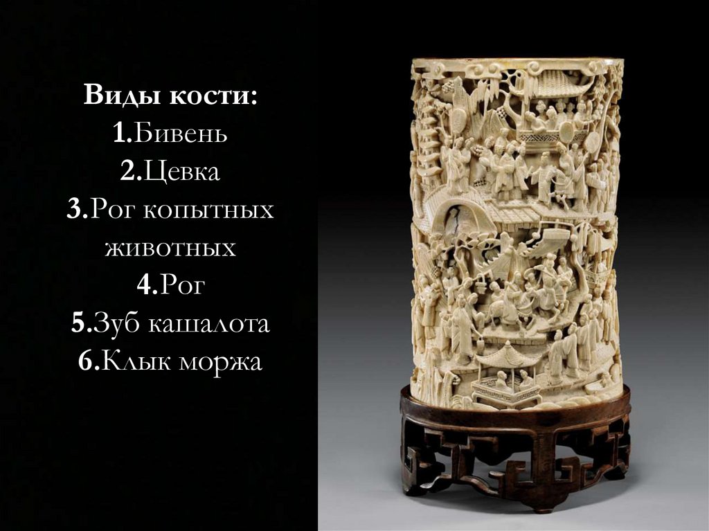 Виды кости: 1.Бивень 2.Цевка 3.Рог копытных животных 4.Рог 5.Зуб кашалота 6.Клык моржа