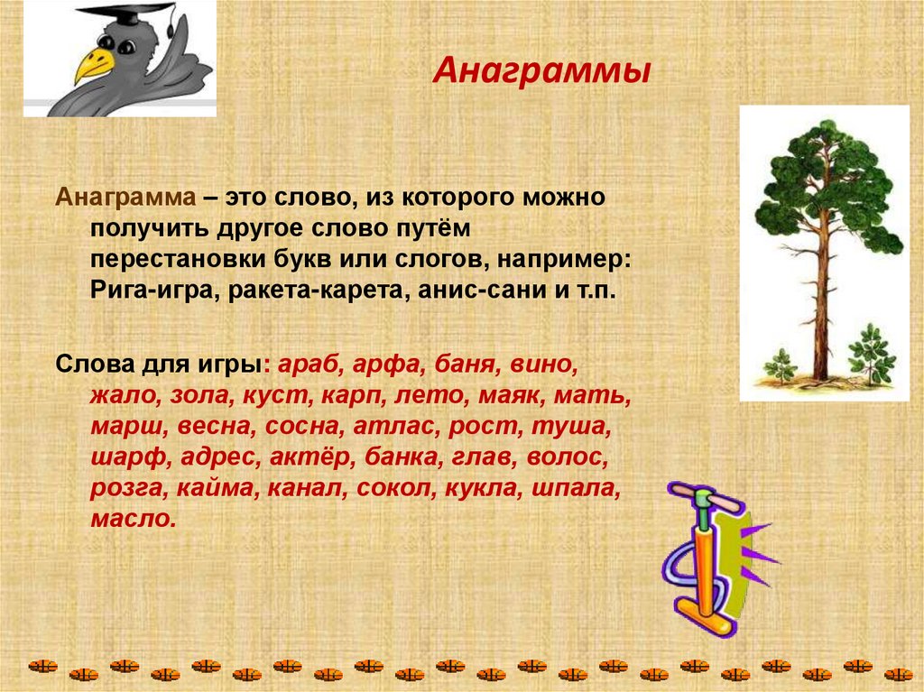 Слова из слова дерево существительные. Анаграмма. Слова анаграммы. Что такое анаграмма в русском языке. Лингвистические игры на уроках русского языка в начальной школе.