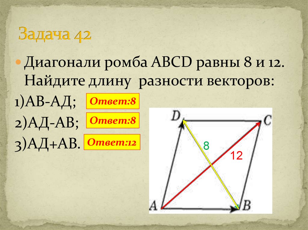 Диагональ вектора. Разность диагоналей. Разность диагоналей ромба. Как найти длину диагонали ромба. Диагонали ромба равны.