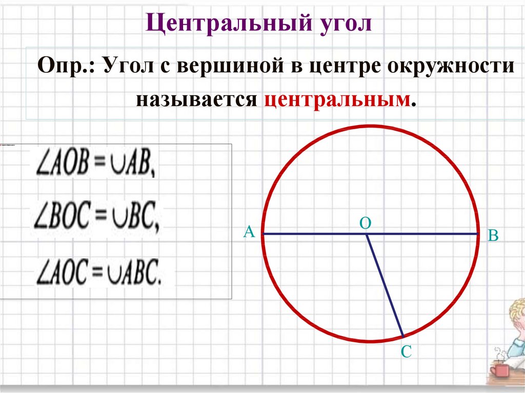 Градусная мера вписанного в окружность. Центральный угол. Угол с вершиной в центре окружности называется центральным. Центральный угол окружности. Угол в центре окружности.