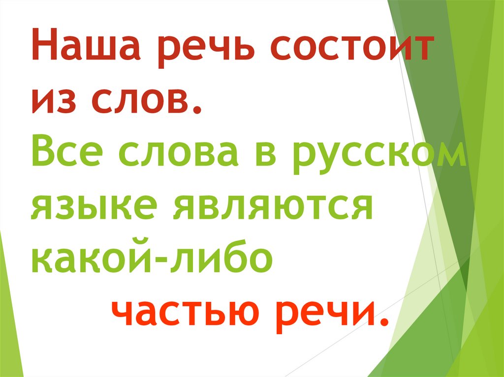 Наша речь состоит из слов. Все слова в русском языке являются какой-либо частью речи.