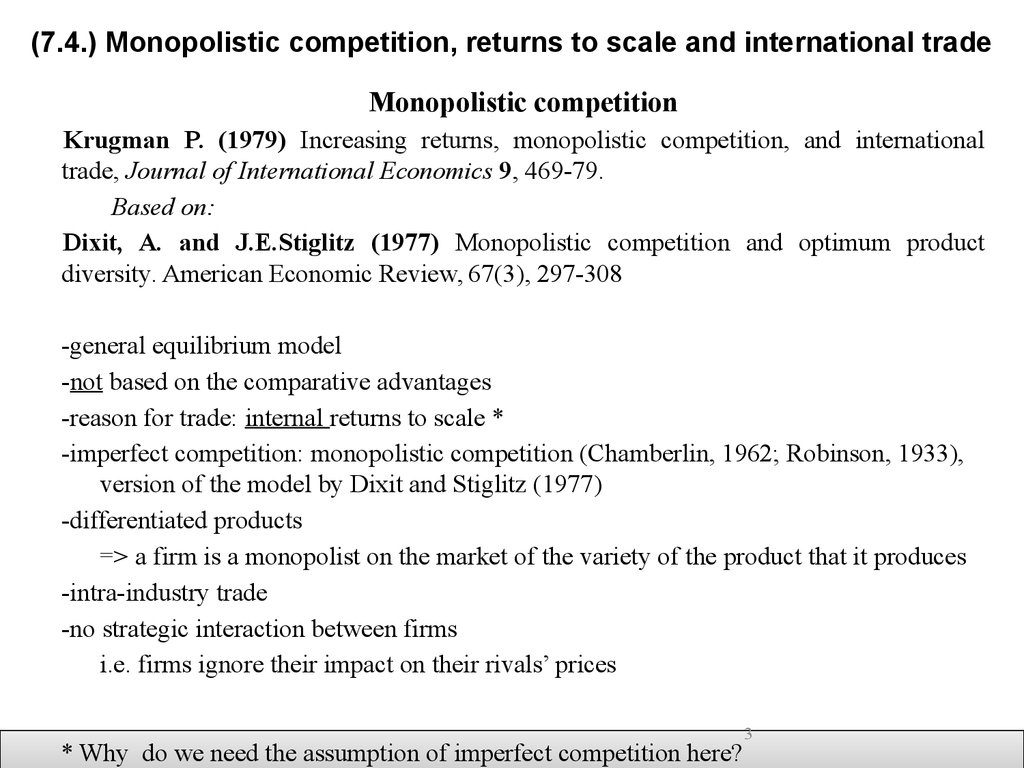 (7.4.) Monopolistic competition, returns to scale and international trade