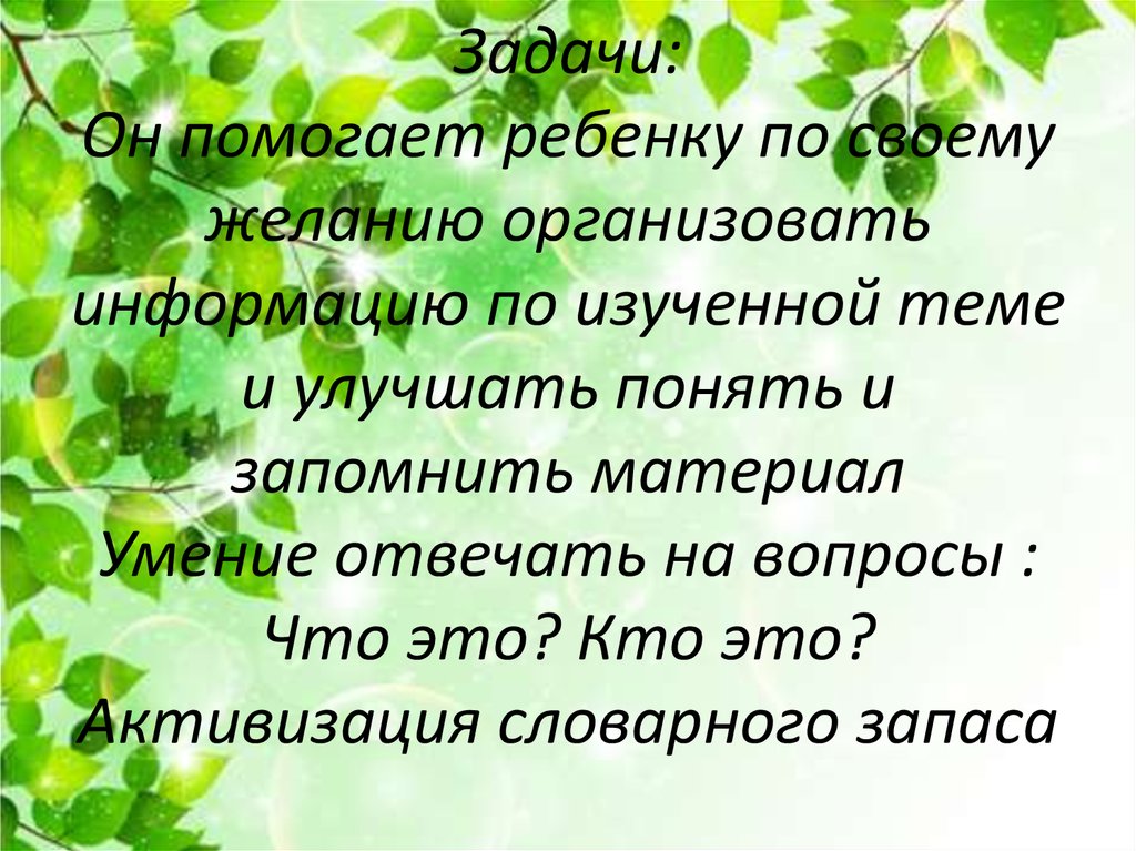 Задачи: Он помогает ребенку по своему желанию организовать информацию по изученной теме и улучшать понять и запомнить материал