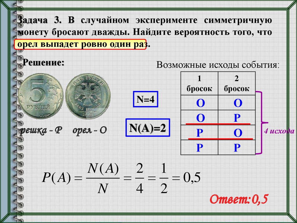 В случайном эксперименте симметричную монету бросают дважды.